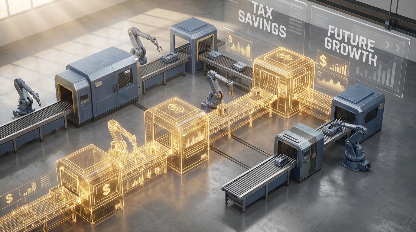   Isometric illustration of a modern manufacturing facility transforming into golden blueprints, representing 2025 Section 179 tax savings and asset monetization. 