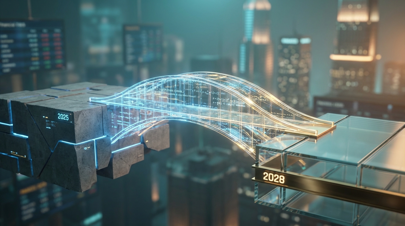   3D illustration of a digital bridge connecting 2025 and 2028 financial platforms, representing the HB 111 corporate tax rate transition. 