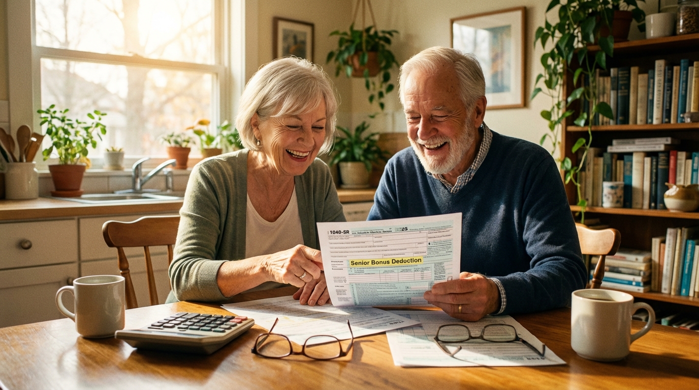   Senior couple reviewing 2025 tax documents for bonus deduction