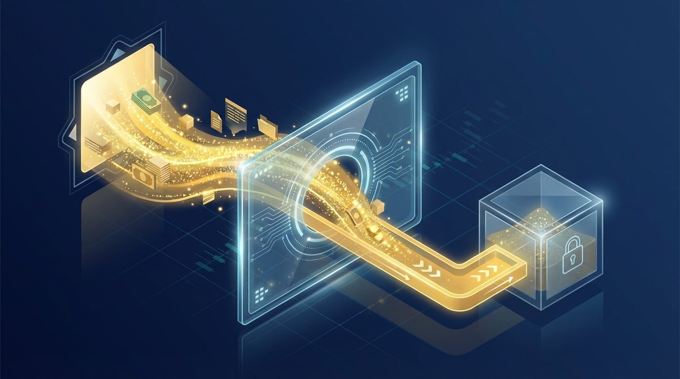   Illustration of digital money flow passing through a tax compliance filter, representing the new OBBB 1% remittance excise tax on Form 720. 