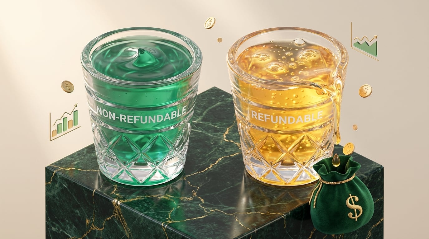   Visual comparison of refundable vs non-refundable tax credits 2025; gold liquid overflowing represents cash refund while green liquid stops at zero tax liability.