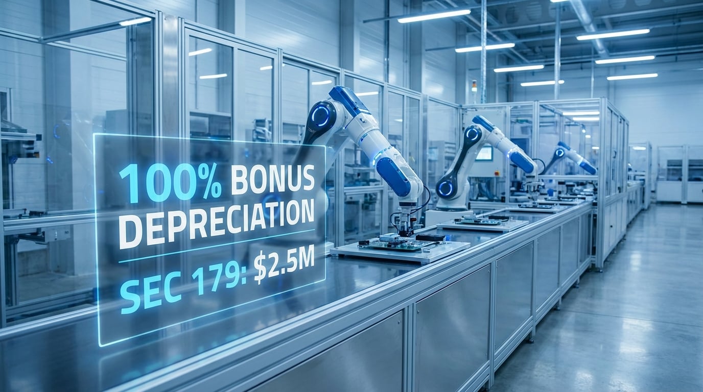   Modern manufacturing facility with robotic arms, illustrating 100% bonus depreciation 2025 and Section 179 limits 2025 for business equipment tax deduction.