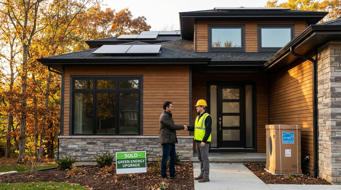   Modern home with solar panels and heat pump, illustrating Form 5695 energy efficient home improvement credit eligibility for 2025 tax year.
