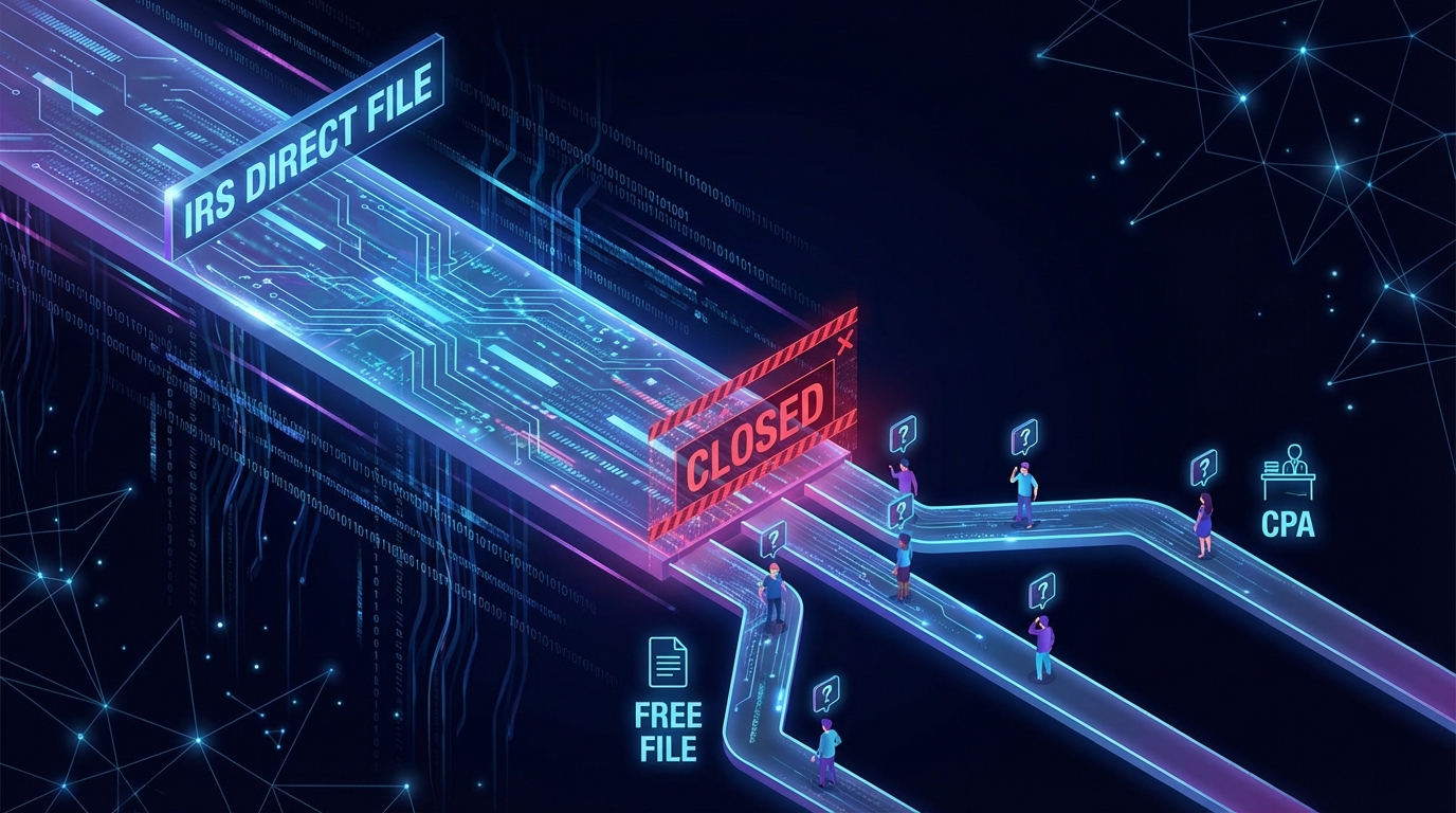   Illustration of a digital highway ending abruptly, symbolizing the IRS closing the Direct File program for 2024 tax returns, forcing taxpayers to choose new filing methods.