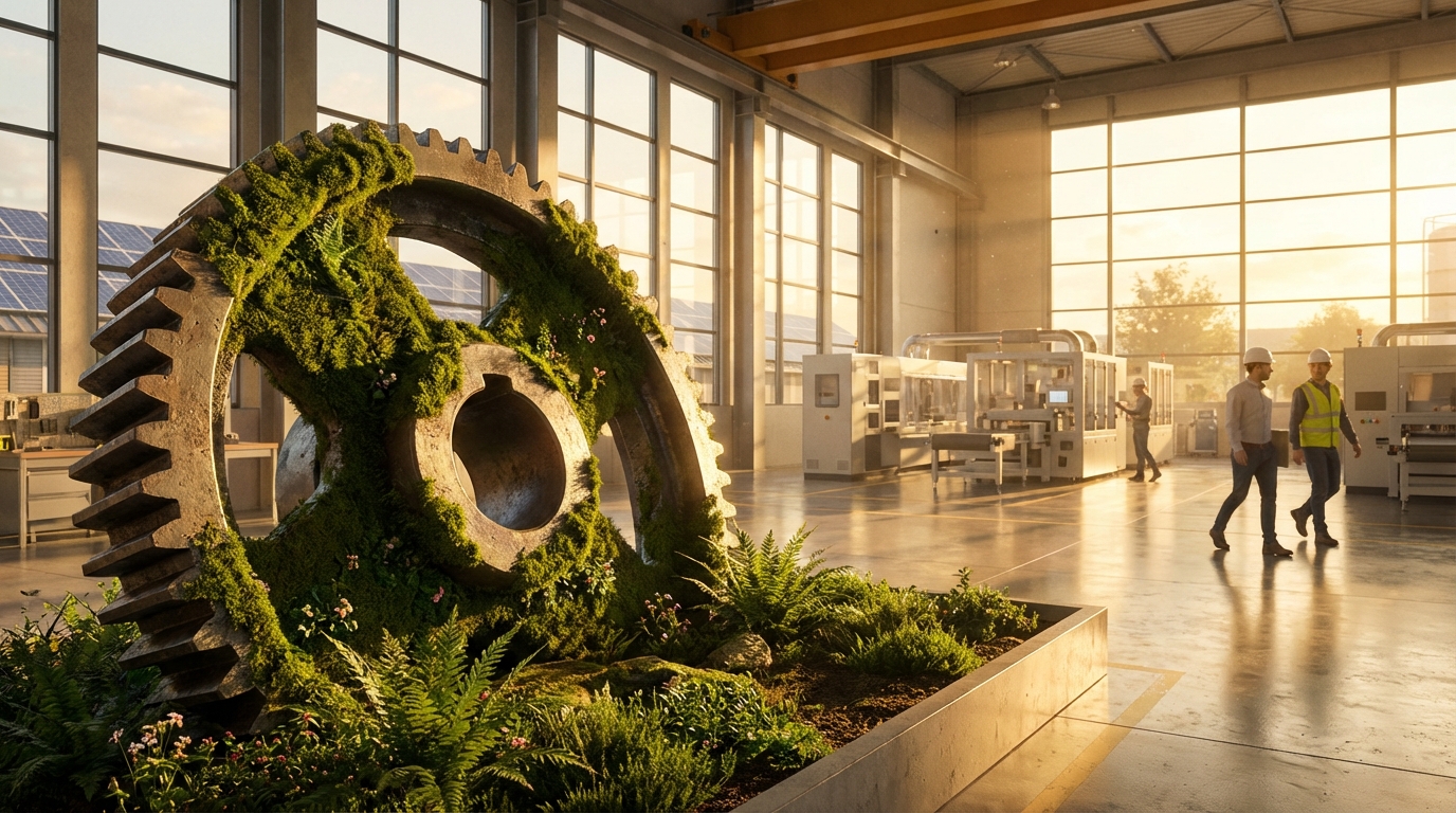   Modern manufacturing factory floor with industrial gears merging with green moss and ferns, symbolizing 2025 green energy manufacturing tax incentives.