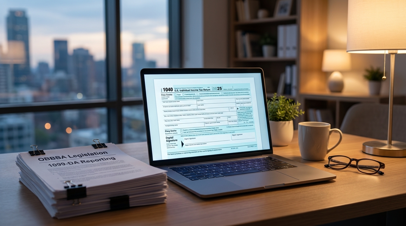   2025 Form 1040 tax return on a laptop screen with OBBBA legislation documents, highlighting new tax reporting rules and filing strategies.