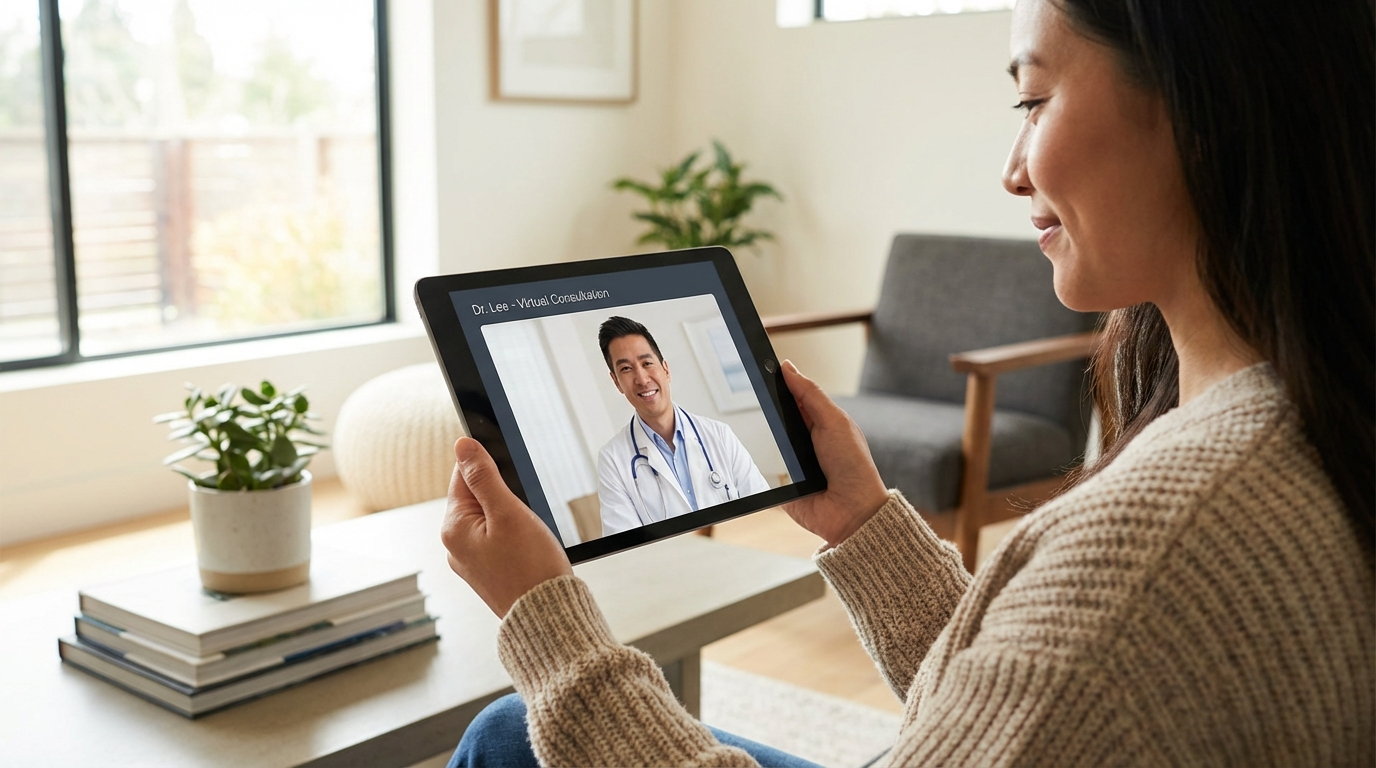   Patient using tablet for telehealth doctor appointment