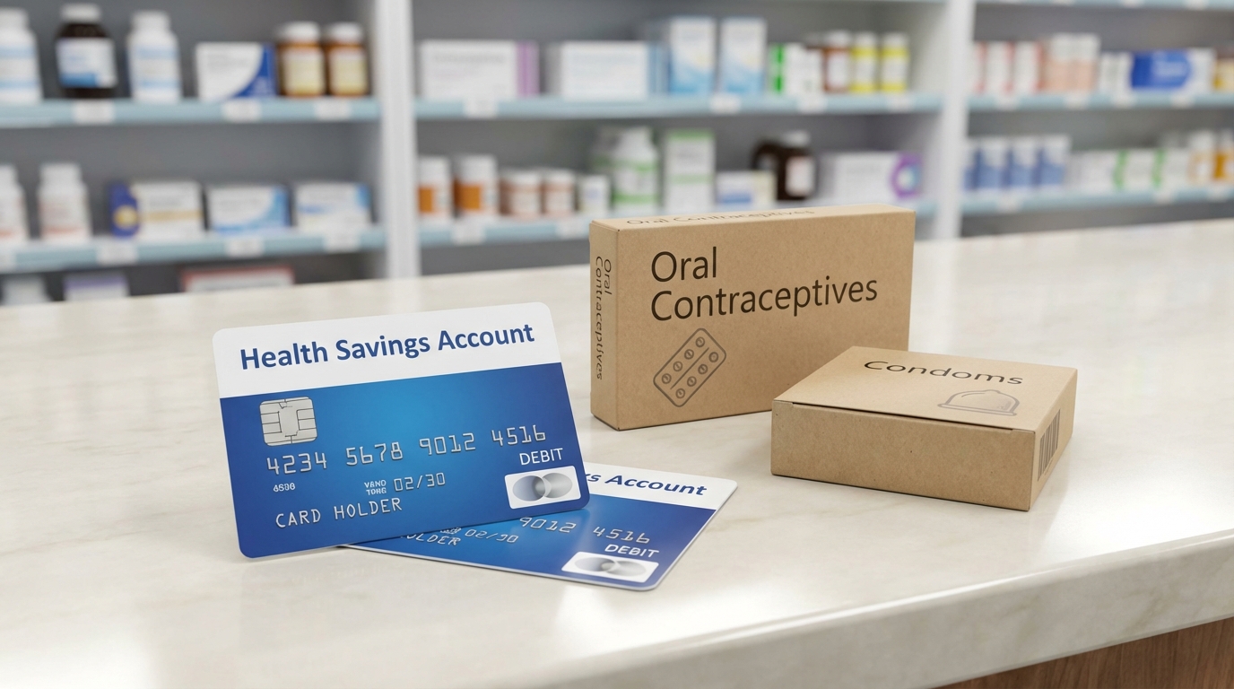   HSA card next to OTC contraceptives and condoms at a pharmacy