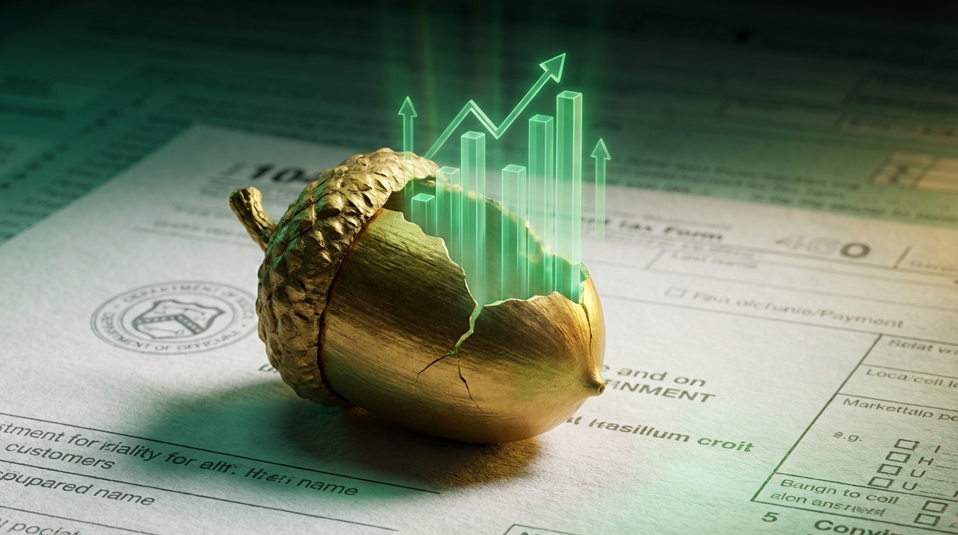   A golden acorn sprouting a digital growth graph on top of a 2025 IRS Form 1040, symbolizing the new Trump Account seed money and investment growth. 