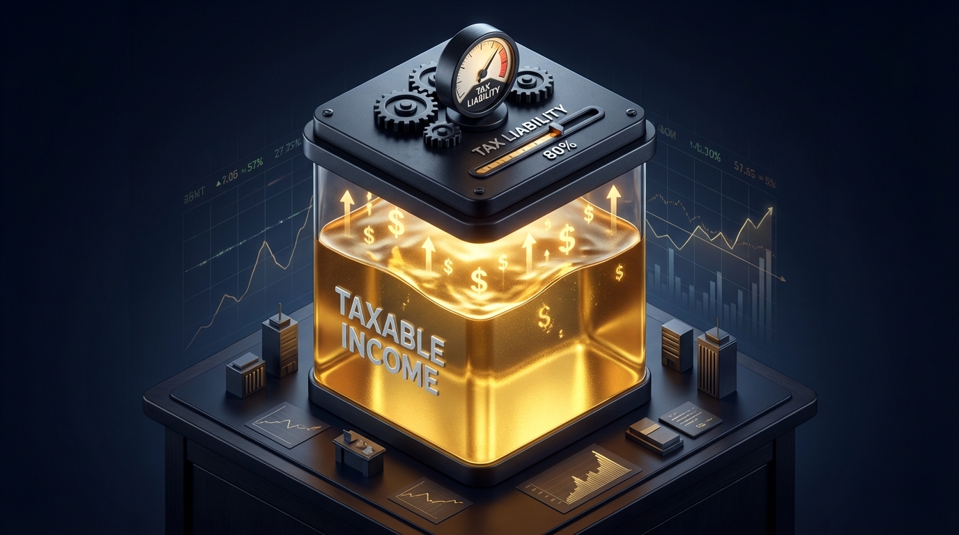   Illustration of the 2025 Net Operating Loss 80% limitation showing a mechanical cap stopping at 80%, leaving 20% of taxable income exposed to IRS taxation. 