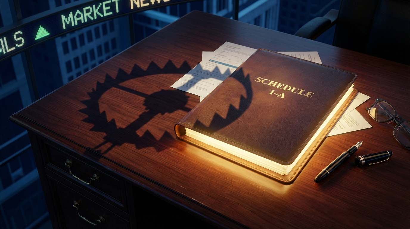   2025 Premium Tax Credit OBBBA trap visualization showing a glowing Schedule 1-A document casting a shadow shaped like a trap, symbolizing hidden risks in Form 8962 reconciliation. 