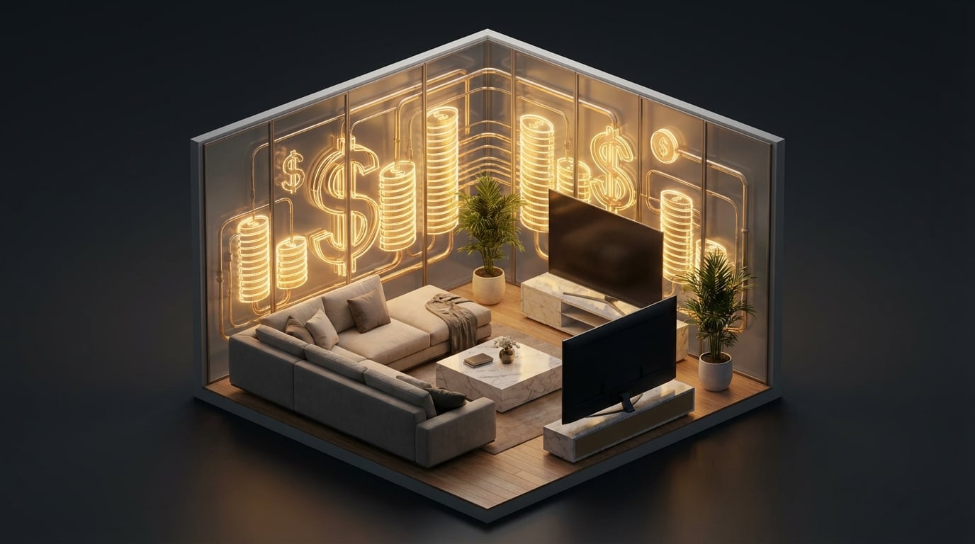 3D cutaway illustration of an apartment with glowing gold pipes symbolizing hidden 2025 renters tax credits