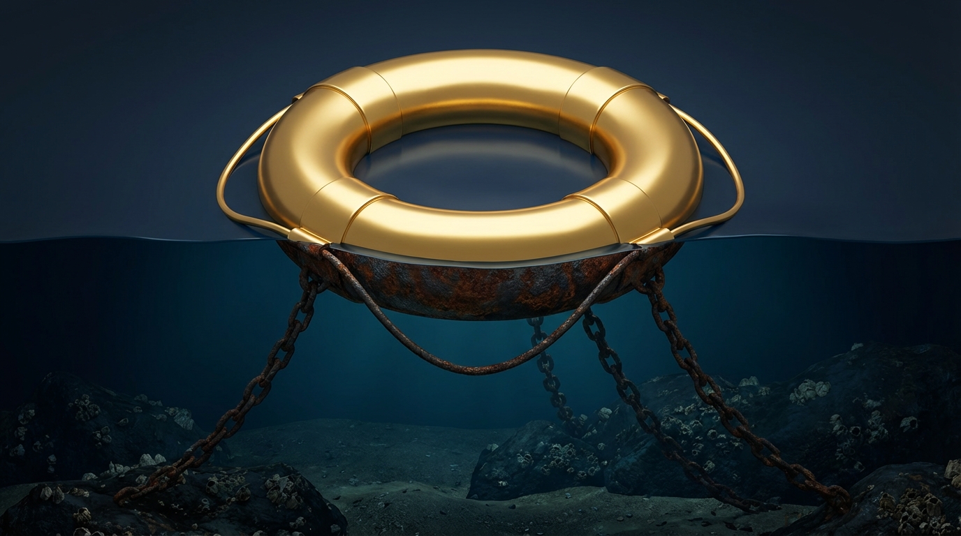   Illustration of a golden life preserver that is actually a heavy anchor, symbolizing the 2025 SALT cap trap for high earners. 