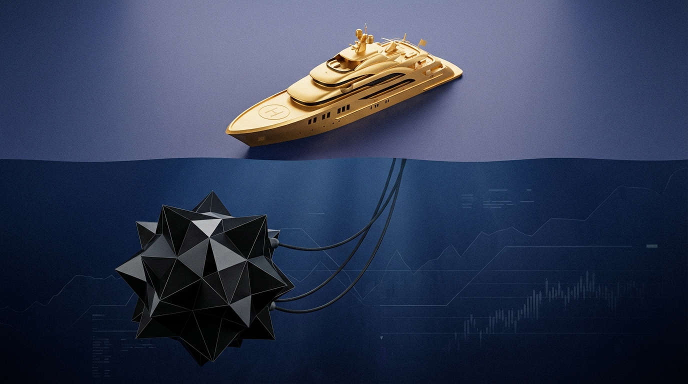   Surreal 3D illustration of a golden luxury yacht navigating calm waters while a jagged, geometric mechanical torpedo shape looms silently beneath the surface, representing hidden tax liabilities. 