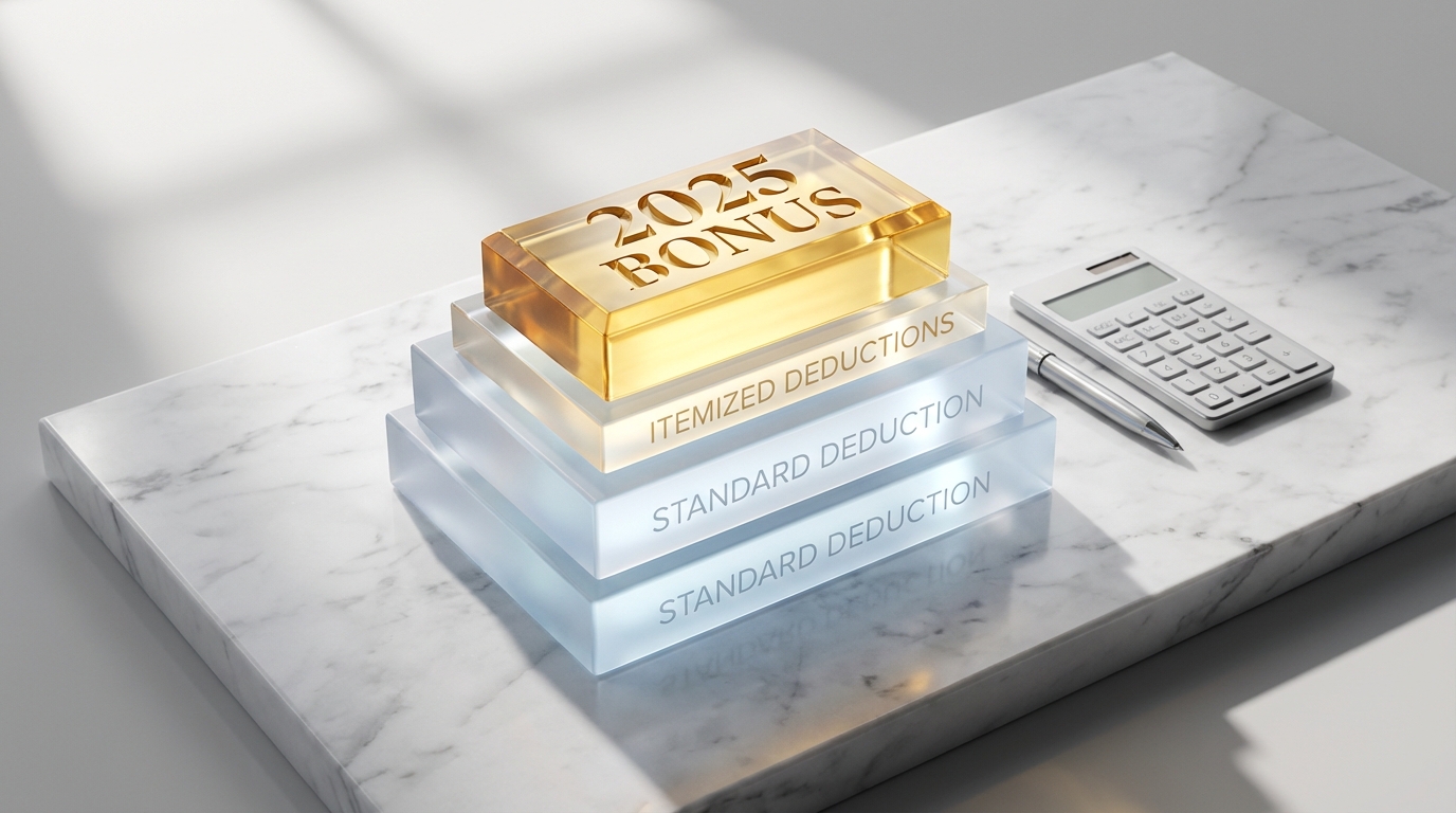   3D illustration of 2025 tax forms stacking, highlighting the new Senior Bonus Deduction layer on top of the standard deduction. 