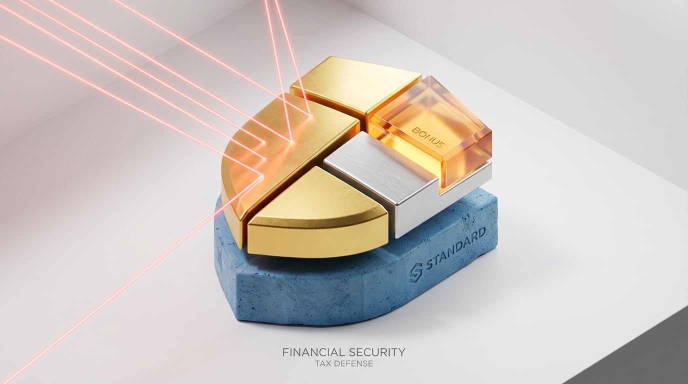   Illustration of 2025 senior tax deduction stacking: Standard deduction base, age 65+ add-on, and the new OBBBA bonus forming a protective tax shield. 