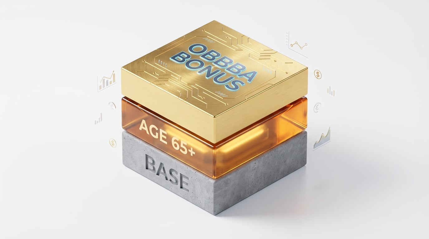   Illustration of the 2025 Triple-Layer Standard Deduction showing the Base amount, Age 65+ addition, and the new OBBBA Bonus stacking together.