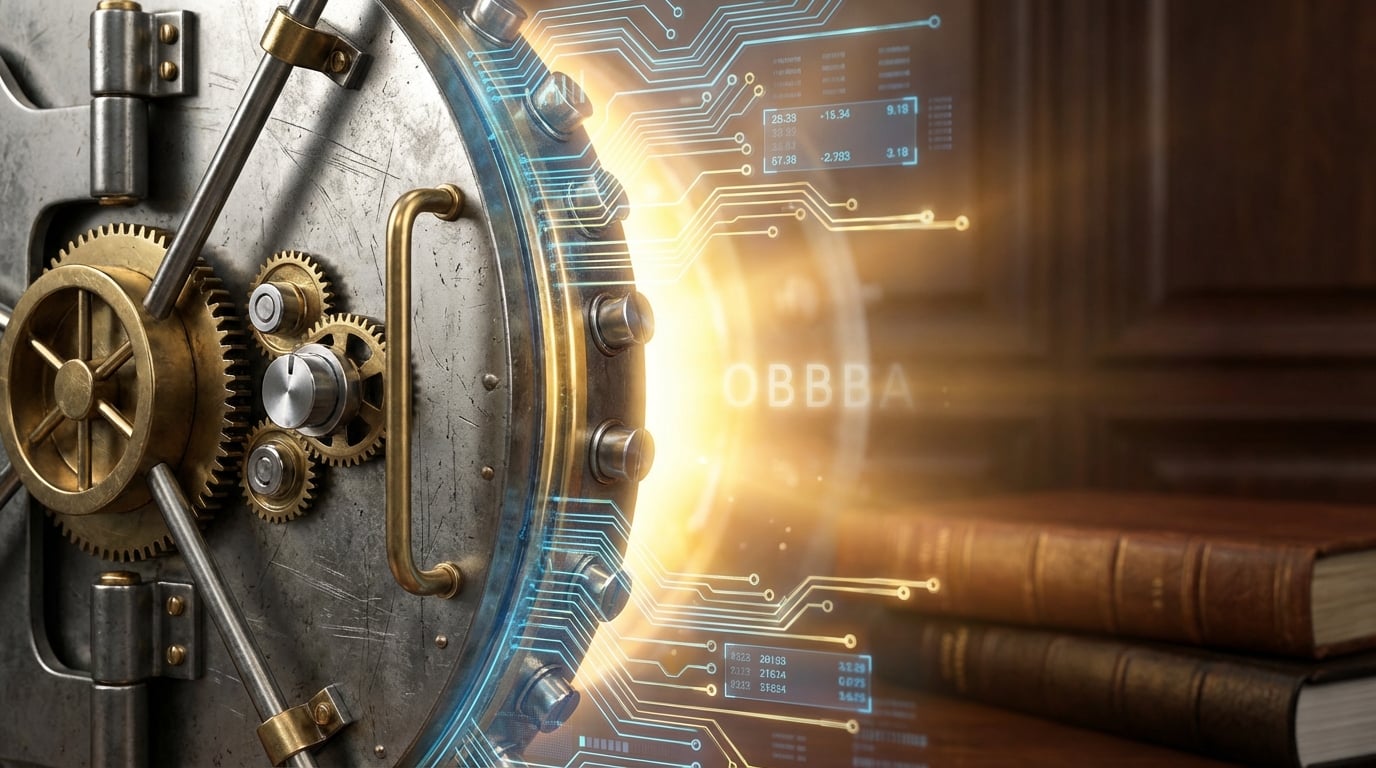   Bank vault door opening to reveal the glowing OBBBA Tax Bonus for 2025. 