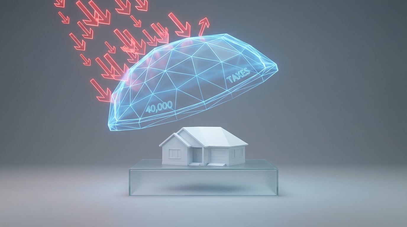   Blue geometric energy shield protecting a home, symbolizing the increased $40,000 SALT tax cap for seniors. 