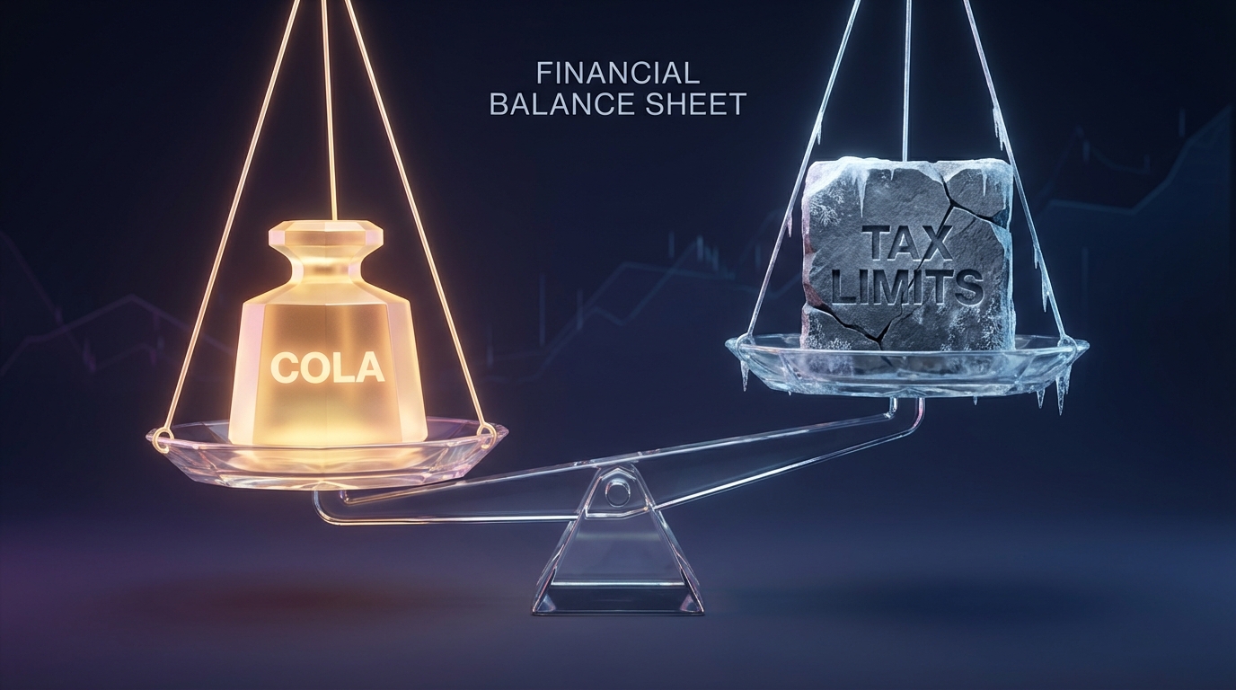   2025 Social Security tax tug of war visualization showing COLA increase vs frozen income thresholds on a scale. 