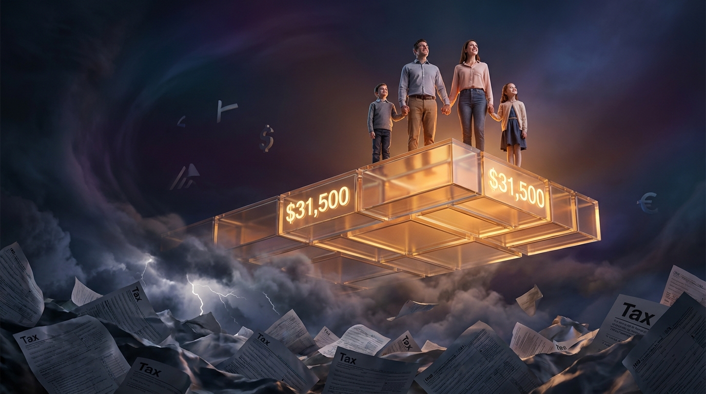   2025 Standard Deduction increase visualization showing a rising glass floor protecting a family from taxes, representing the new $31,500 married filing jointly limit. 