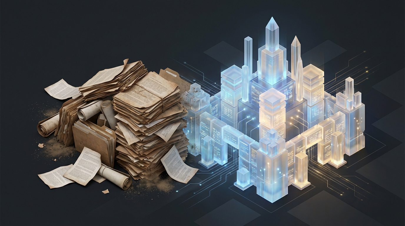   Illustration showing the transition from chaotic paper tax records to a structured digital tax system representing the 2026 OBBBA tax laws. 