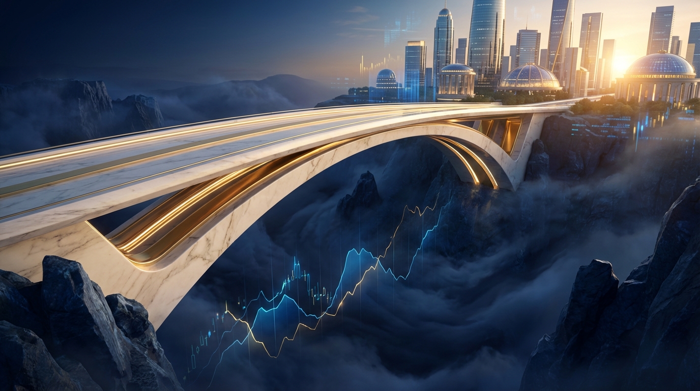   Illustration of a modern bridge crossing a dark chasm, symbolizing the OBBBA preventing the 2026 tax cliff and securing financial stability. 