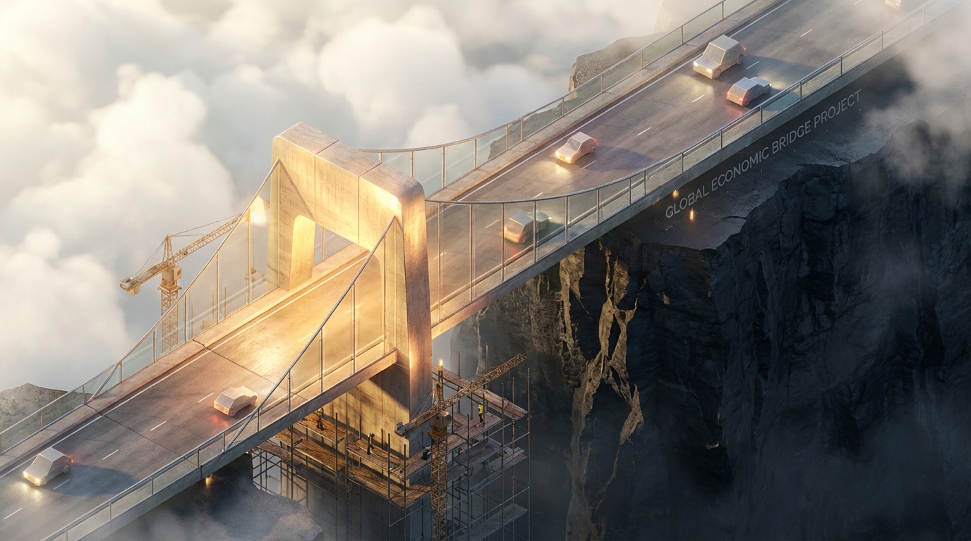   Illustration of a modern bridge spanning a cliff, representing the 2026 tax cliff cancellation and new OBBBA permanent tax brackets. 