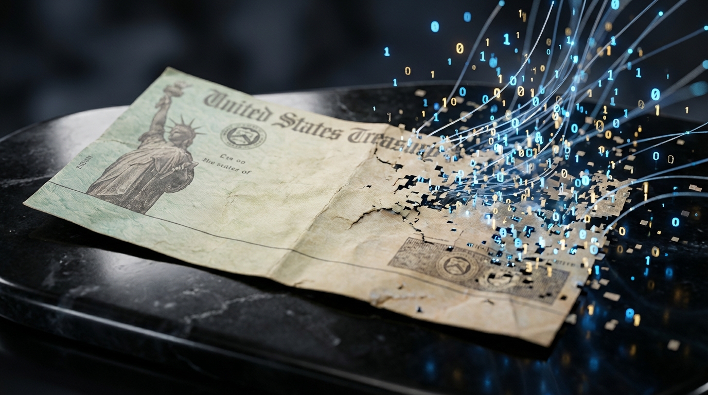   2026 tax refund check dissolving into digital pixels, representing the IRS paper check ban and OBBBA digital mandate. 