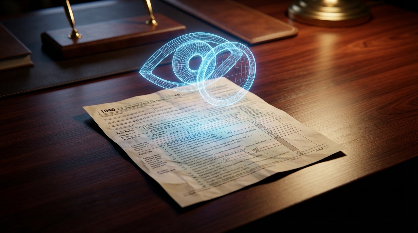   IRS AI audit technology scanning a FinCEN Form 114 for errors. The image represents the 2025 automated data-matching systems used to identify amended FBAR filing discrepancies and enforce inflation-adjusted penalties of $16,536. 
