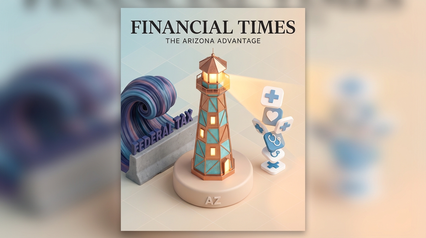   3D illustration of an Arizona lighthouse shielding medical expenses from turbulent federal tax waves, representing the 2025 state tax safe harbor. 