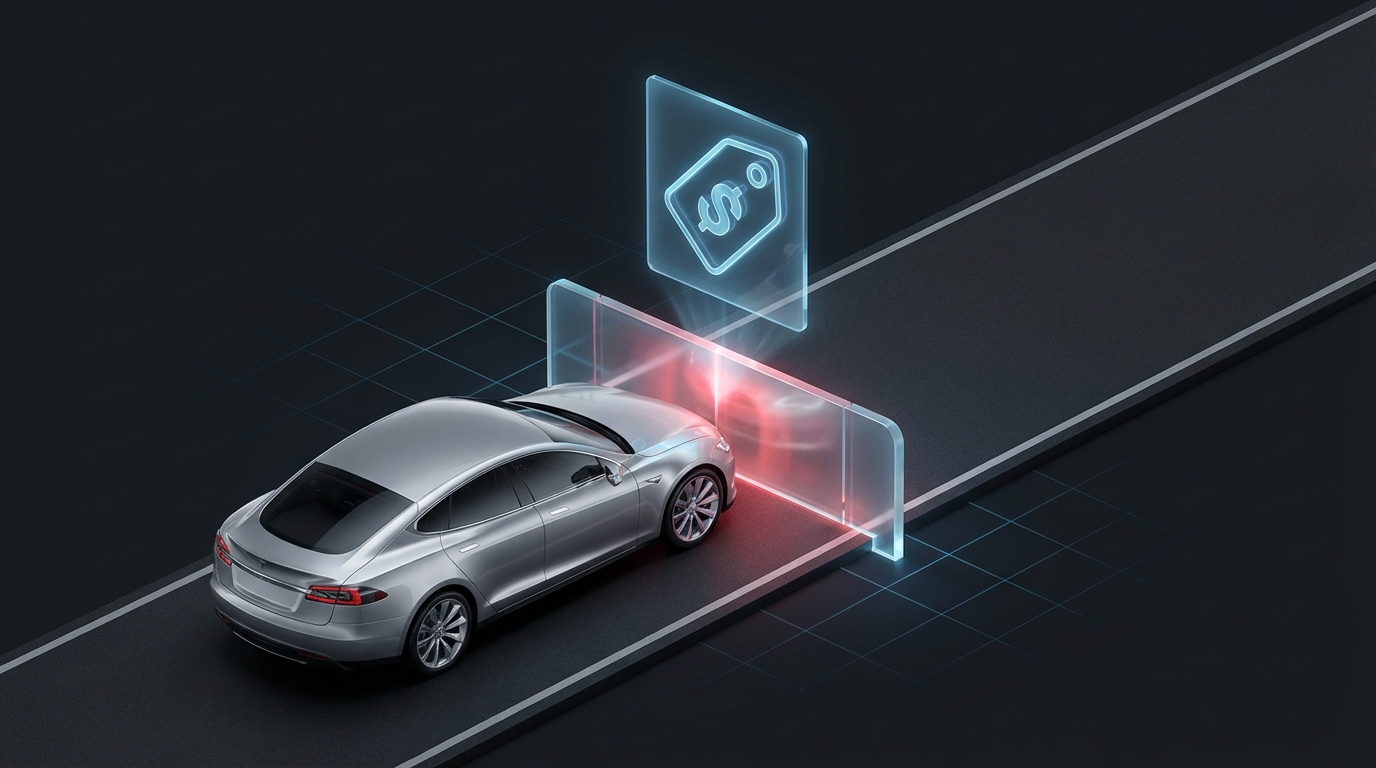   Luxury sedan stopped by a glowing glass barrier representing the 2025 MSRP tax deduction cap. 