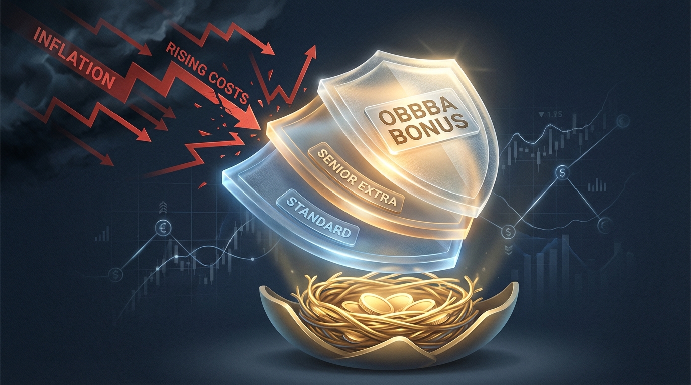   3D illustration of the 2025 Senior Tax Bonus shield protecting a retirement nest egg, visualizing the stacked $46,700 deduction. 