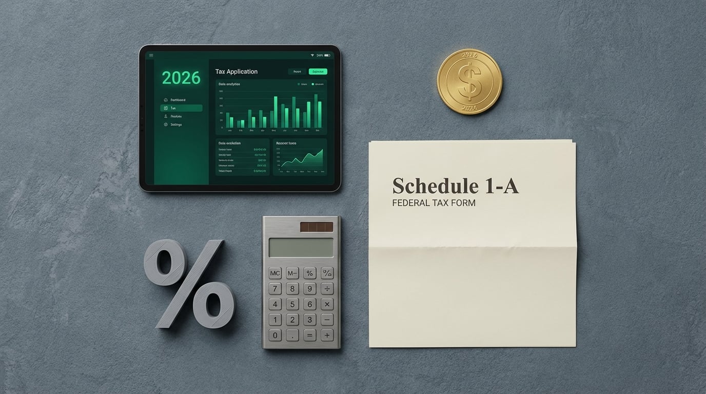   Best tax software 2026 toolkit featuring tablet with digital filing interface, calculator, and Schedule 1-A form arranged neatly. 