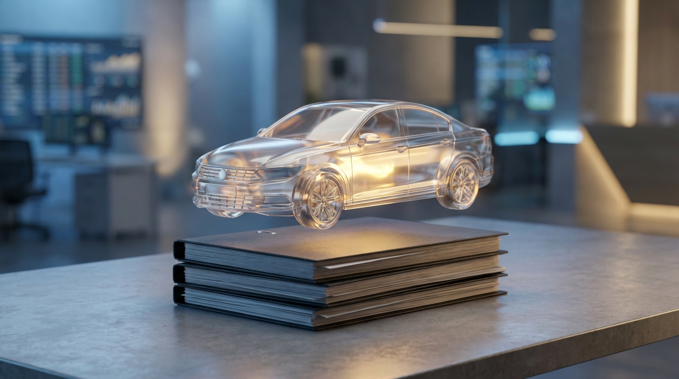   3D illustration of a glowing car chassis floating above tax paperwork, symbolizing the 2025 car loan interest deduction and above-the-line tax savings. 