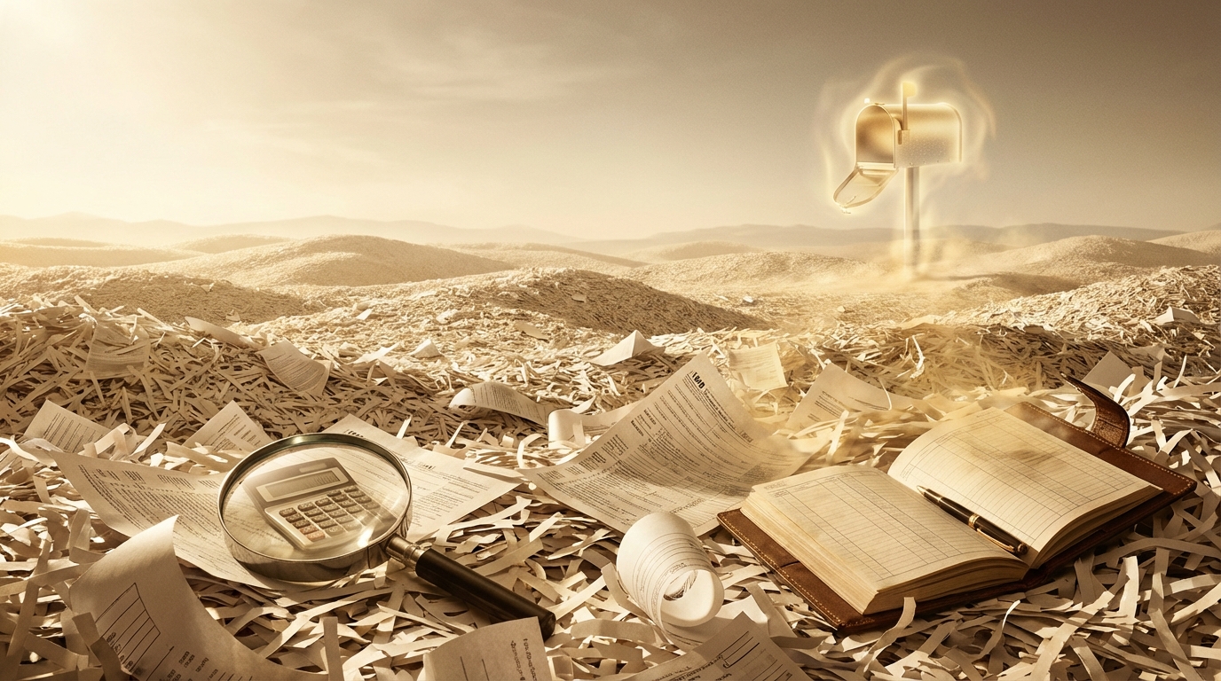   Illustration of a mirage in a desert of tax papers, symbolizing the false rumor of a $2,000 stimulus check for 2026. 