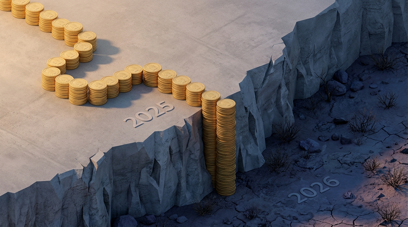   Visual metaphor of the 2026 Child Tax Credit cliff showing a golden path dropping off abruptly into a stormy financial void. 