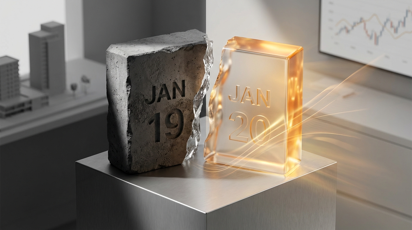   Comparison of 2025 tax depreciation rates showing a concrete block for pre-Jan 19 assets and a glowing gold crystal for post-Jan 19 assets, symbolizing the OBBBA bonus depreciation change. 