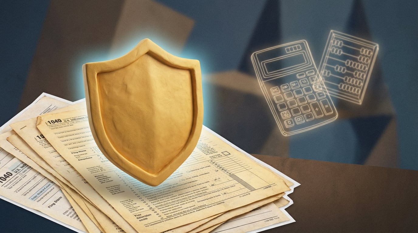   Illustration of a golden shield protecting tax documents, representing the 2025 OBBBA Senior Bonus and Medicare premium tax deduction safety net. 