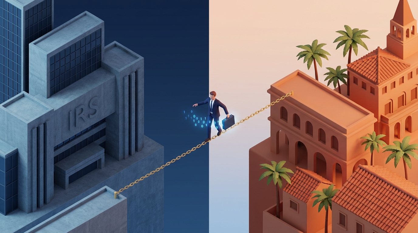   A high-stakes editorial illustration depicting a business professional balancing on a golden tightrope between two distinct nations, symbolizing the 2025 dual residency tie-breaker rules. The left side represents the US tax system with brutalist architecture, while the right represents foreign tax jurisdictions. The glowing briefcase signifies high-net-worth global assets and digital footprints monitored by the IRS under the OBBBA act. This visual metaphor highlights the risks of double taxation, the Section 877A Exit Tax, and the precarious nature of international tax treaty compliance for expatriates and green card holders. 