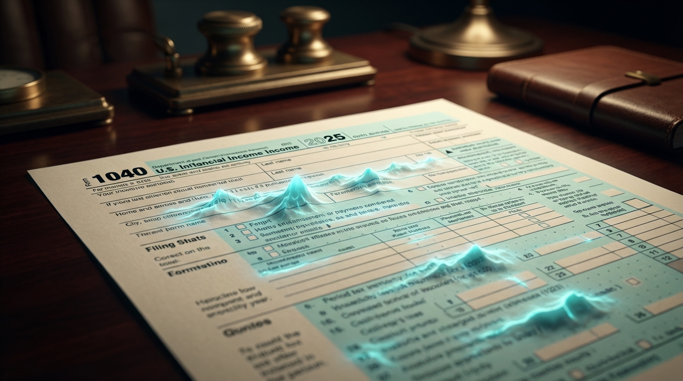   Close-up of IRS Form 1040 for 2025 with glowing sections representing new Schedule 1-A deductions and tax rule changes. 