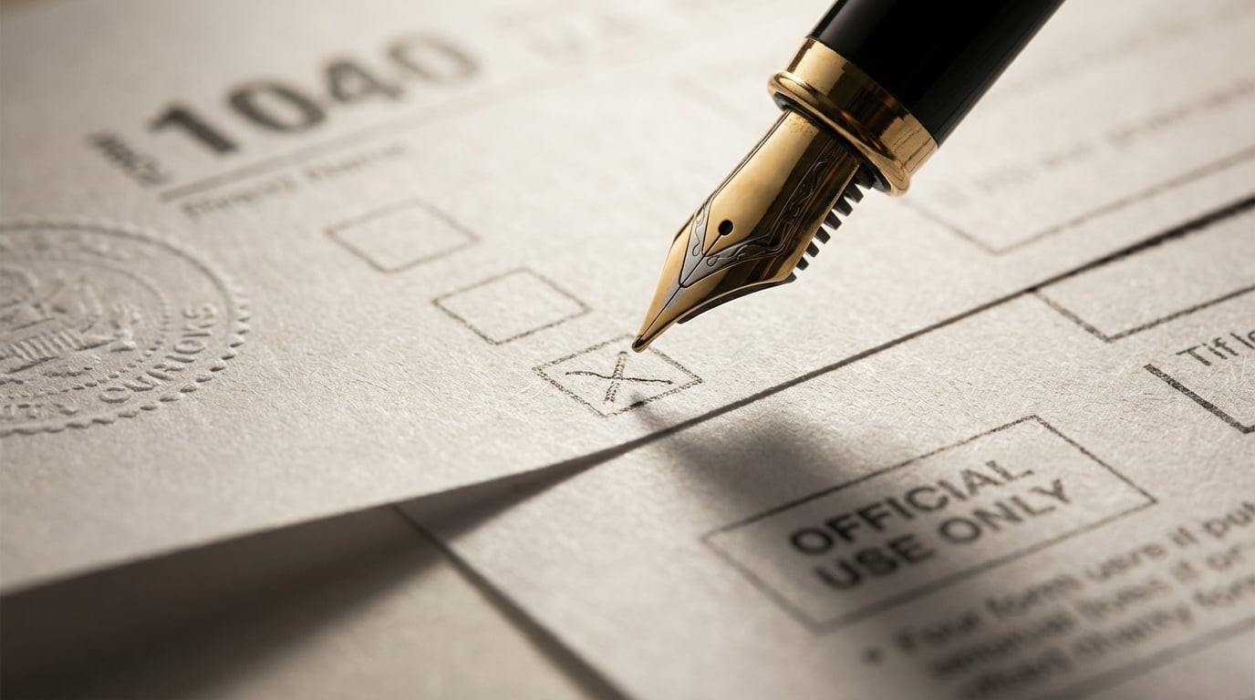   Close up of a pen hovering over the Presidential Election Campaign checkbox on IRS Form 1040 for tax year 2025. 