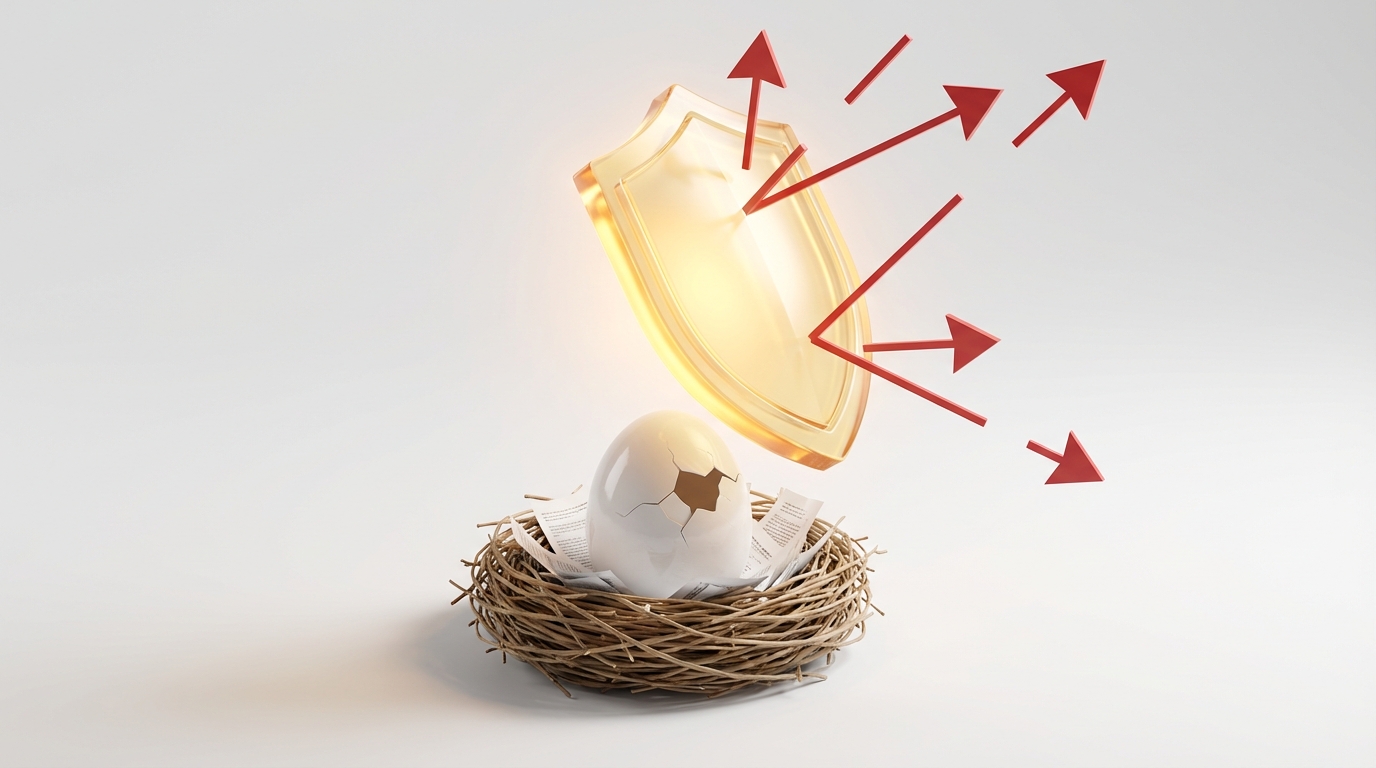   3D illustration of a golden shield protecting a retirement nest egg, symbolizing the 2025 Senior Bonus tax deduction shielding income from federal taxes. 