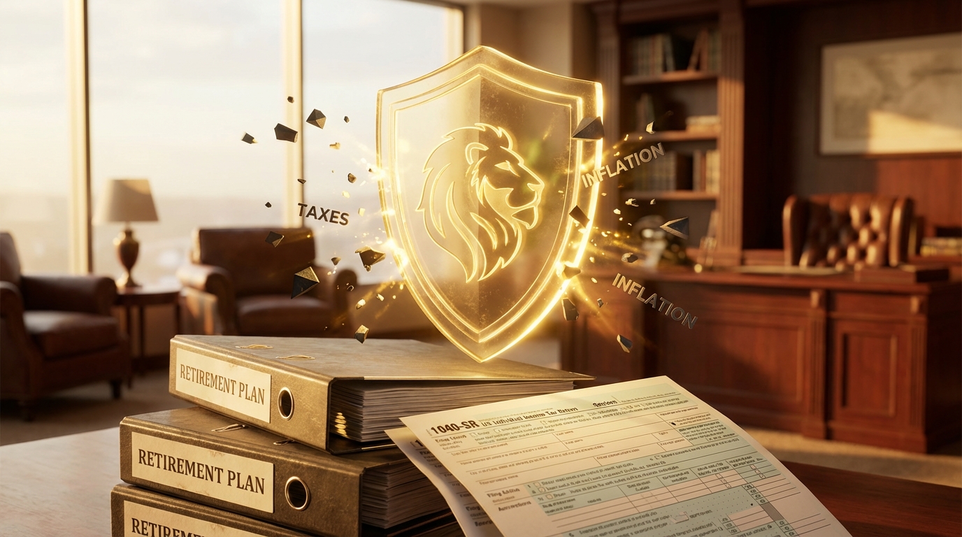   Golden shield protecting Form 1040-SR and retirement savings from taxes, representing the 2025 Senior Bonus and Standard Deduction. 