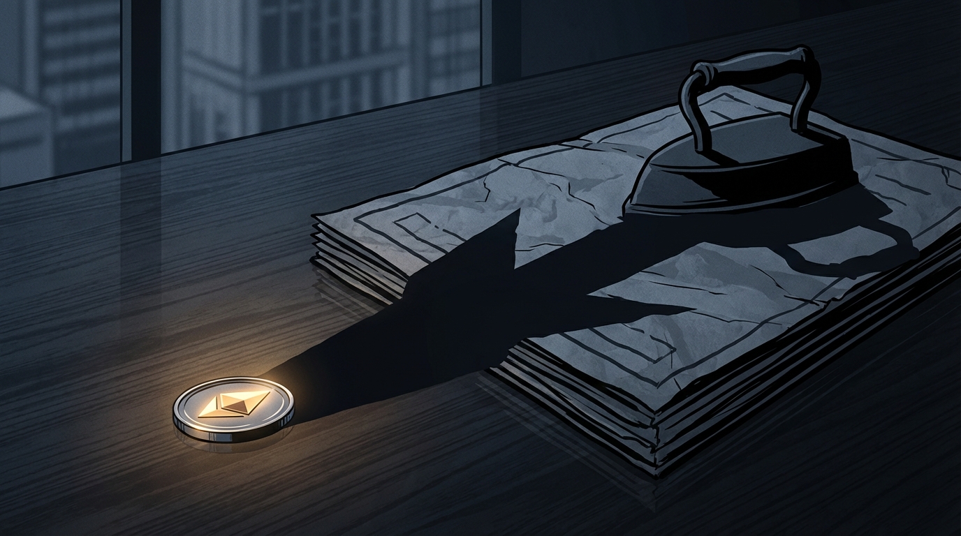   A cryptocurrency coin casting a disproportionately large shadow representing phantom gains and tax liability on IRS Form 1099-DA. 