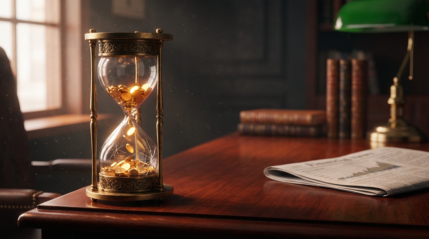   Hourglass filled with gold coins cracking under pressure, symbolizing the IRS tax extension payment trap where time runs out but financial liability remains. 