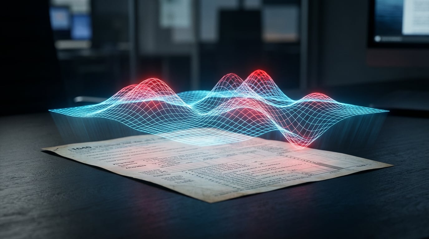   IRS AI audit algorithm scanning a Form 1040 tax return for behavioral anomalies and red flags in 2026. 