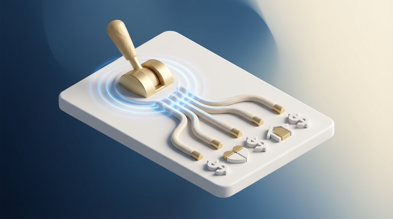   3D illustration of a master switch directing flow into five pathways, representing IRS filing status choices for Form 1040 2025. 