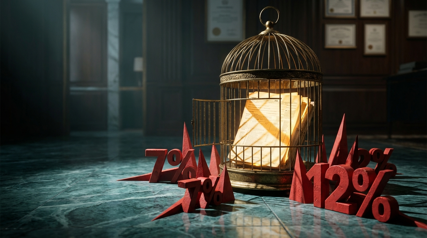   IRS Offer in Compromise 2025 rules illustrated as a golden cage trap representing the One Big Beautiful Bill Act risks and compounding tax interest. 
