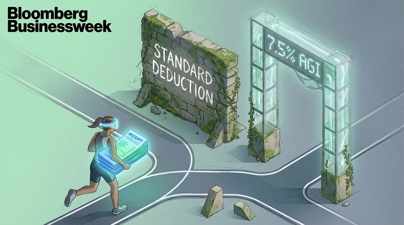  Illustration of a tax filer facing two hurdles labeled Standard Deduction and 7.5% AGI, representing the medical expense deduction threshold for 2025. 